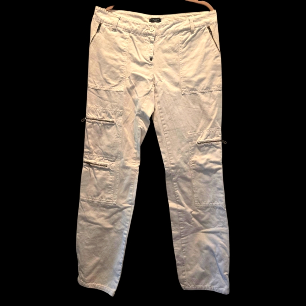 Vintage Y2K Cargo Pants Women’s 33 Italy Low Rise Cotton Zipper Pockets White